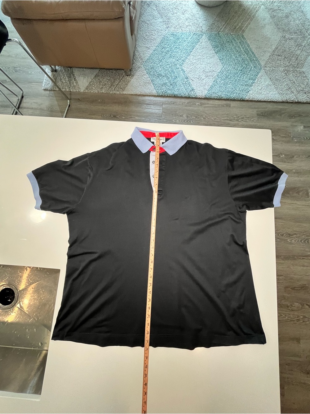 Bullock & Jones Men's Black Polo Shirt with Light Blue Collar and Red Trim XXL